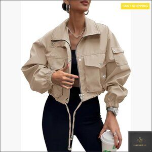 Cropped Bomber Jacket Lightweight Utility Anorak Zip Up With Pockets